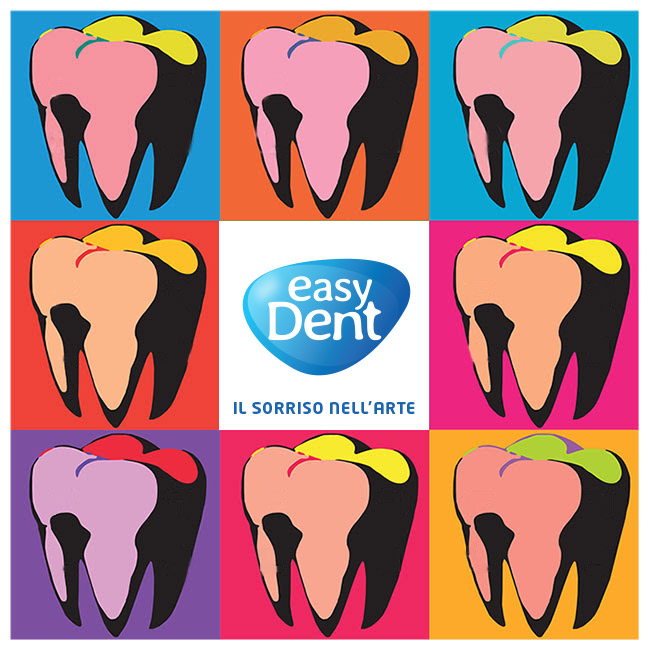 immagine di denti in stile pop art con logo easydent - scritta il sorriso nell'arte